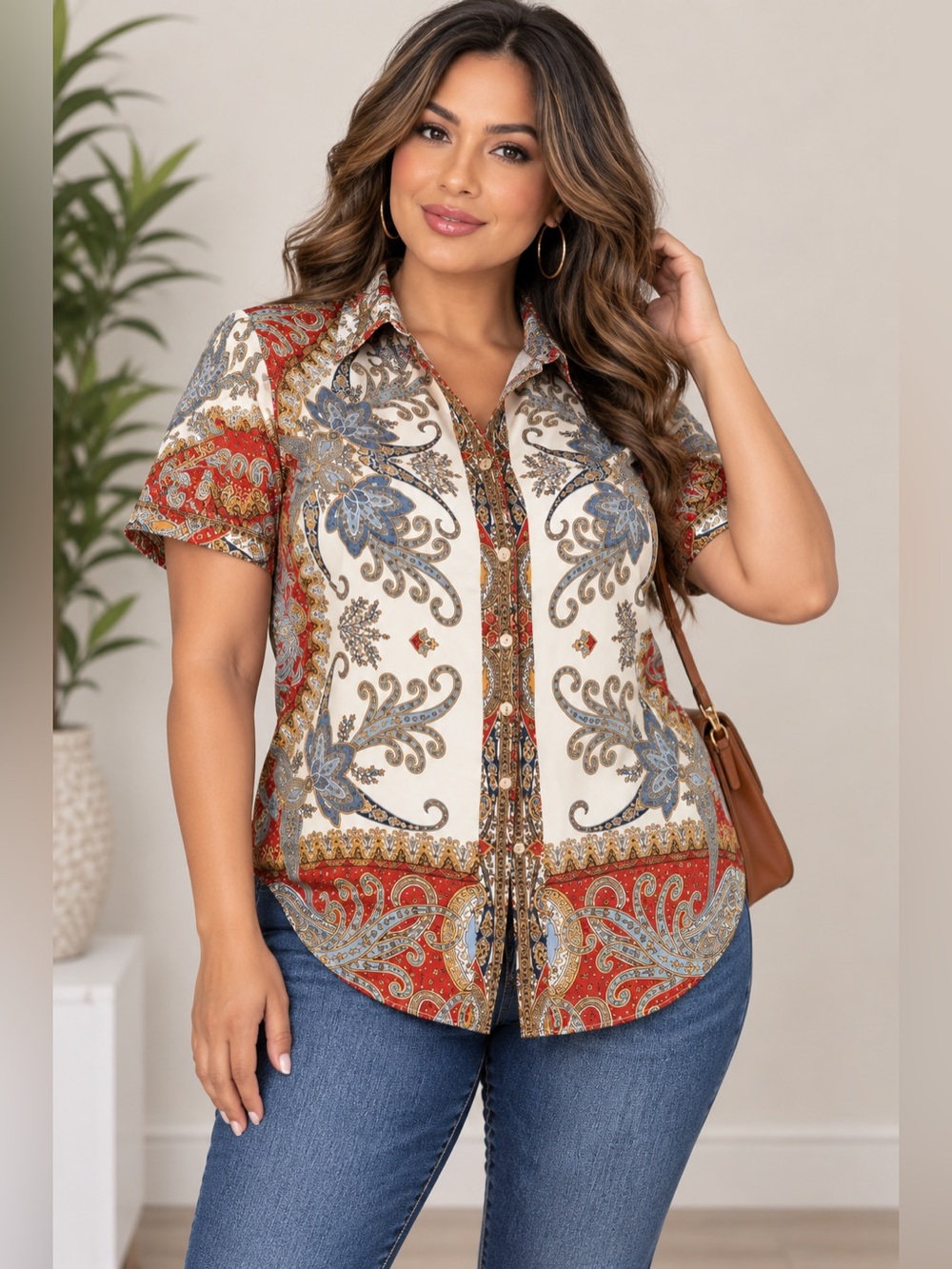 Rachel Zoe White, Red & Blue Paisley Button-Down Shirt